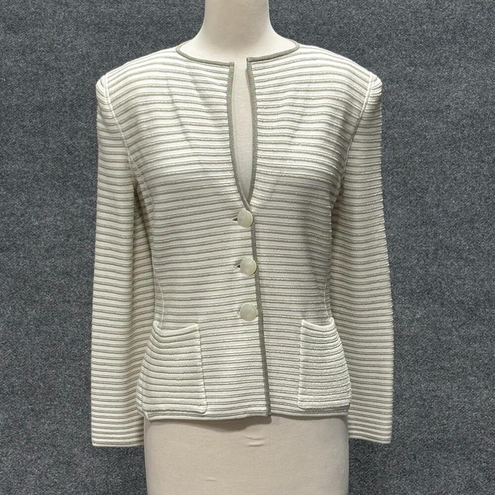 Armani Collezioni Blazer Womens 8 Cream Off White Stripe Knit Jacket Italy